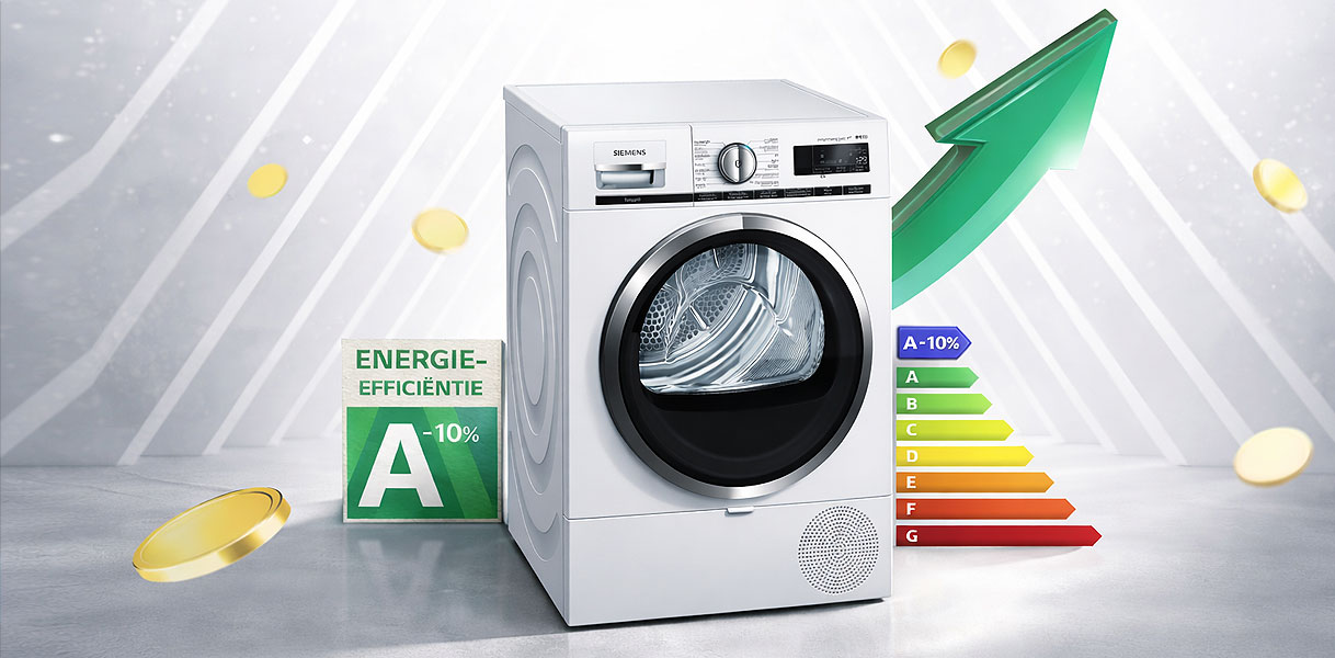 Siemens warmtepompdroger met energielabel A min 10 procent en energieschaal van A tot G voor terugverdientijd