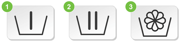 Icons voor de voorwas, hoofdwas en wasverzachter vakjes in de wasmachinelade.