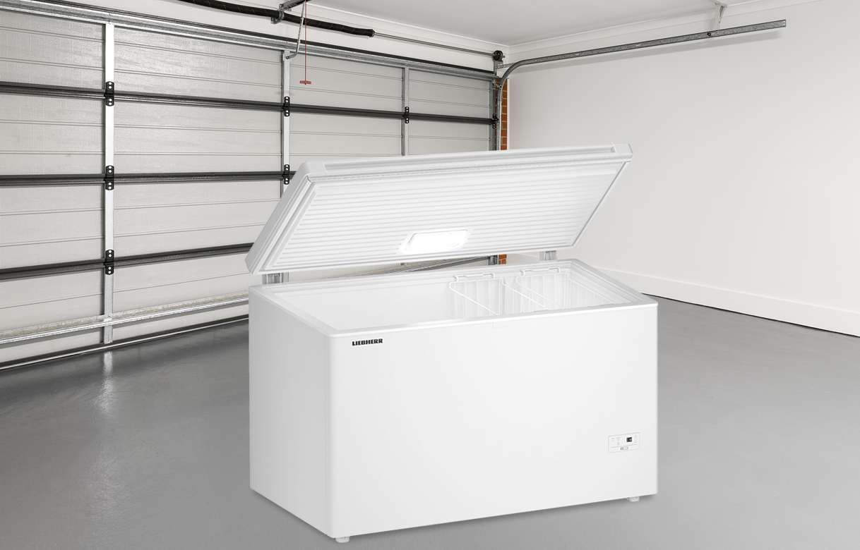 Vrieskist met open deksel in een opgeruimde garage.