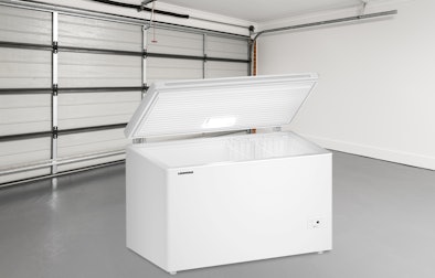 Vrieskist met open deksel in een opgeruimde garage.
