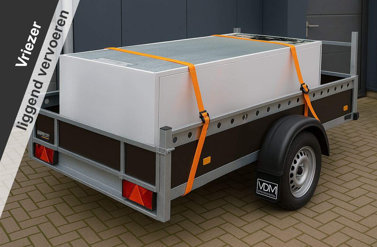 Vriezer die liggend op een aanhangwagen wordt vervoerd en is vastgezet met oranje spanbanden.