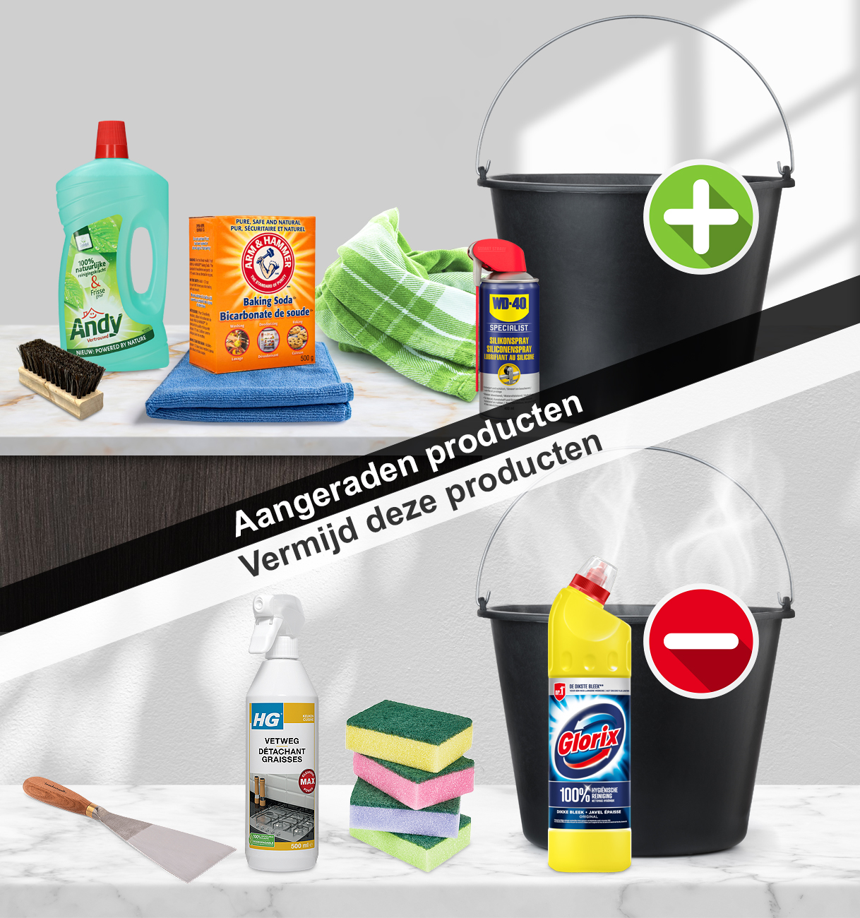 Aanbevolen schoonmaakmiddelen voor vriezerreiniging naast afgekeurde agressieve producten