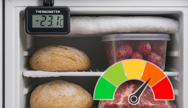 Vriezer ingesteld op -23,1 °C met ingevroren voedsel en een energiemeter die hoog verbruik aangeeft