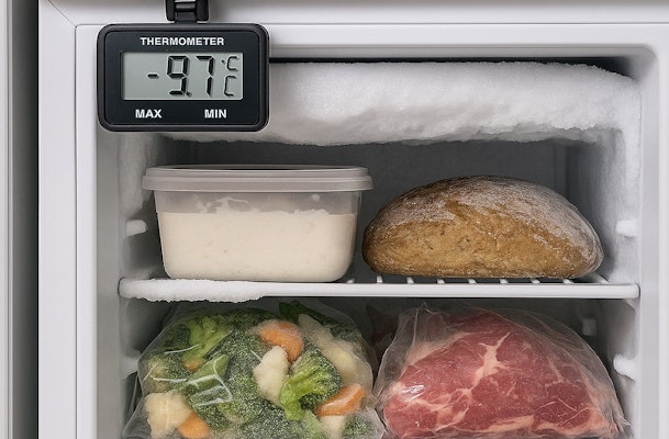 Vriezer met thermometer die -9,7 °C aangeeft en ingevroren voedsel dat deels te warm wordt bewaard