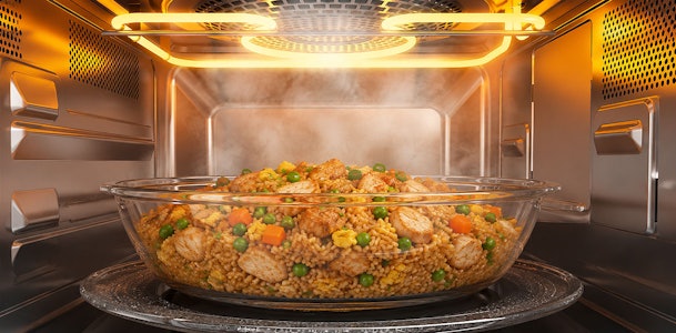 Ovenschaal met rijstgerecht in een vrijstaande combimagnetron toont hoeveel liter inhoud je nodig hebt