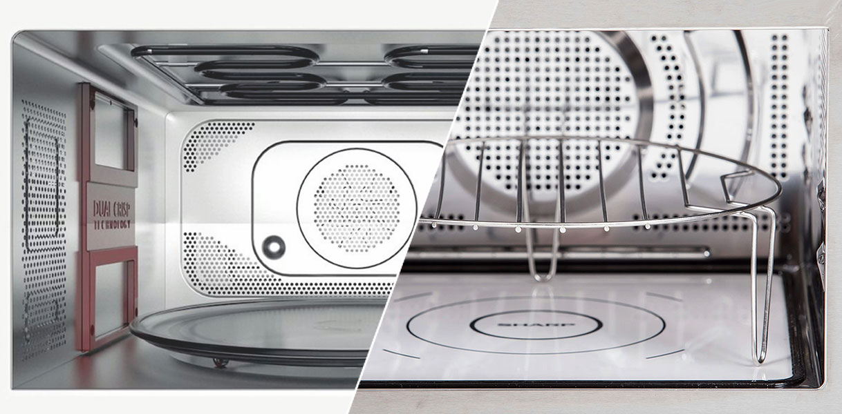 Draaiplateau in een vrijstaande combimagnetron vergeleken met de vlakke bodem van de Sharp Flat Tray
