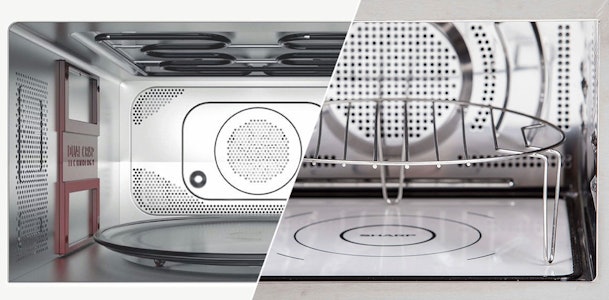 Draaiplateau in een vrijstaande combimagnetron vergeleken met de vlakke bodem van de Sharp Flat Tray