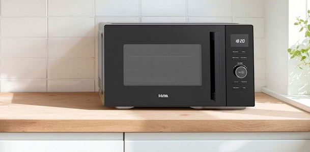Vrijstaande magnetron op een houten werkblad tegen een wand met witte tegels
