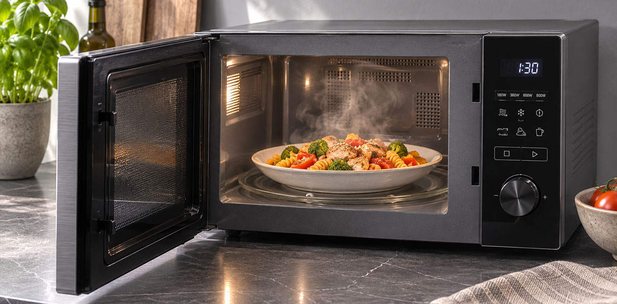Vrijstaande magnetron met open deur en een zojuist opgewarmde maaltijd op het draaiplateau.
