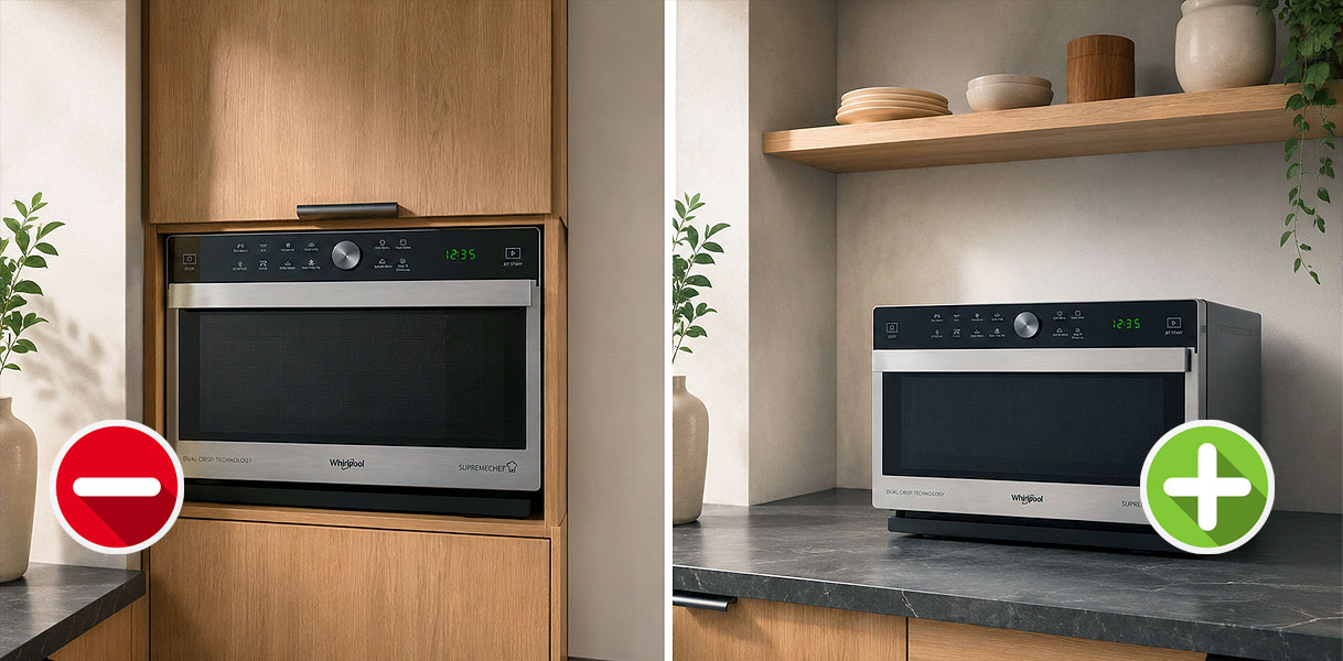 Magnetron in een open kast met een groen plus-teken naast dezelfde magnetron in een kast