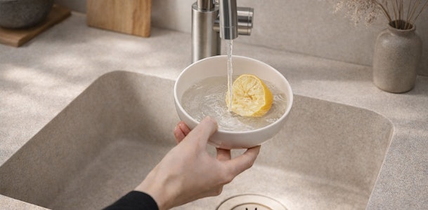 Kom met citroen onder stromend water als voorbereiding om aangekoekt vuil in de magnetron los te weken