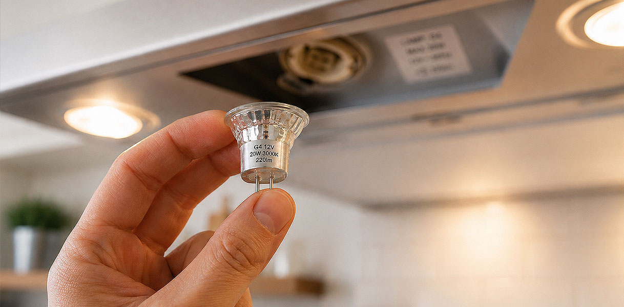 Hand houdt een lampje met zichtbare gegevens voor fitting wattage en lumen onder een afzuigkap