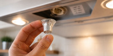 Hand houdt een lampje met zichtbare gegevens voor fitting wattage en lumen onder een afzuigkap