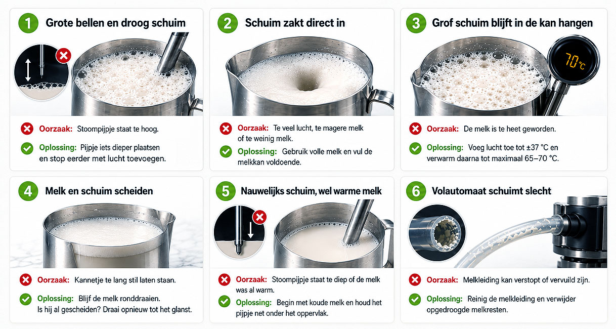 Infographic toont zes veelvoorkomende oorzaken waarom melk opschuimen niet lukt met oplossingen