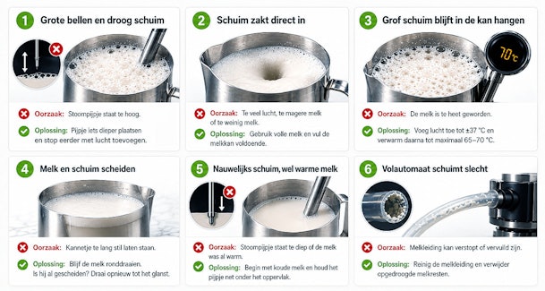 Infographic toont zes veelvoorkomende oorzaken waarom melk opschuimen niet lukt met oplossingen