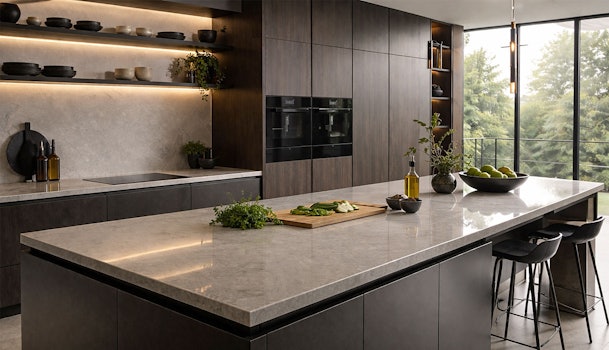 Groot donker keukeneiland met stenen werkblad, barkrukken en verse ingrediënten in een moderne open keuken met grote ramen
