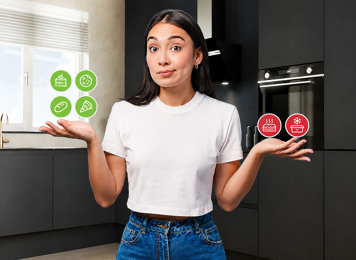 Vrouw met links iconen van cake koekjes brood en pizza en rechts ovenschotel en diepvriesgerecht