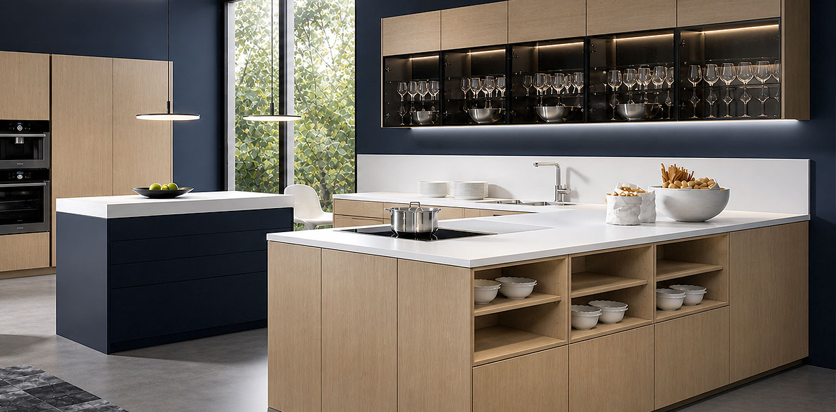 Moderne keuken met houtfineer fronten, wit werkblad, donkerblauwe wand en inbouwapparatuur