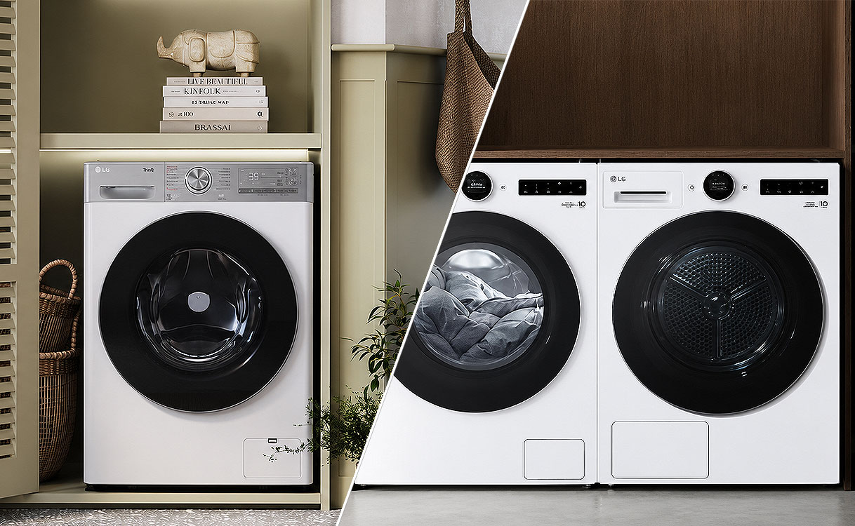 LG was-droogcombinatie naast een losse LG wasmachine en droger set in de bijkeuken