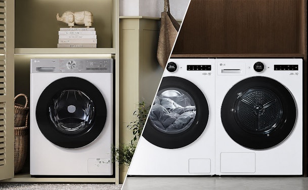 LG was-droogcombinatie naast een losse LG wasmachine en droger set in de bijkeuken