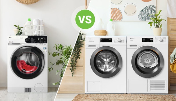 Links een AEG was-droogcombinatie met rode was in de trommel, rechts een losse Miele wasmachine en droger naast elkaar, met een groen VS-teken ertussen