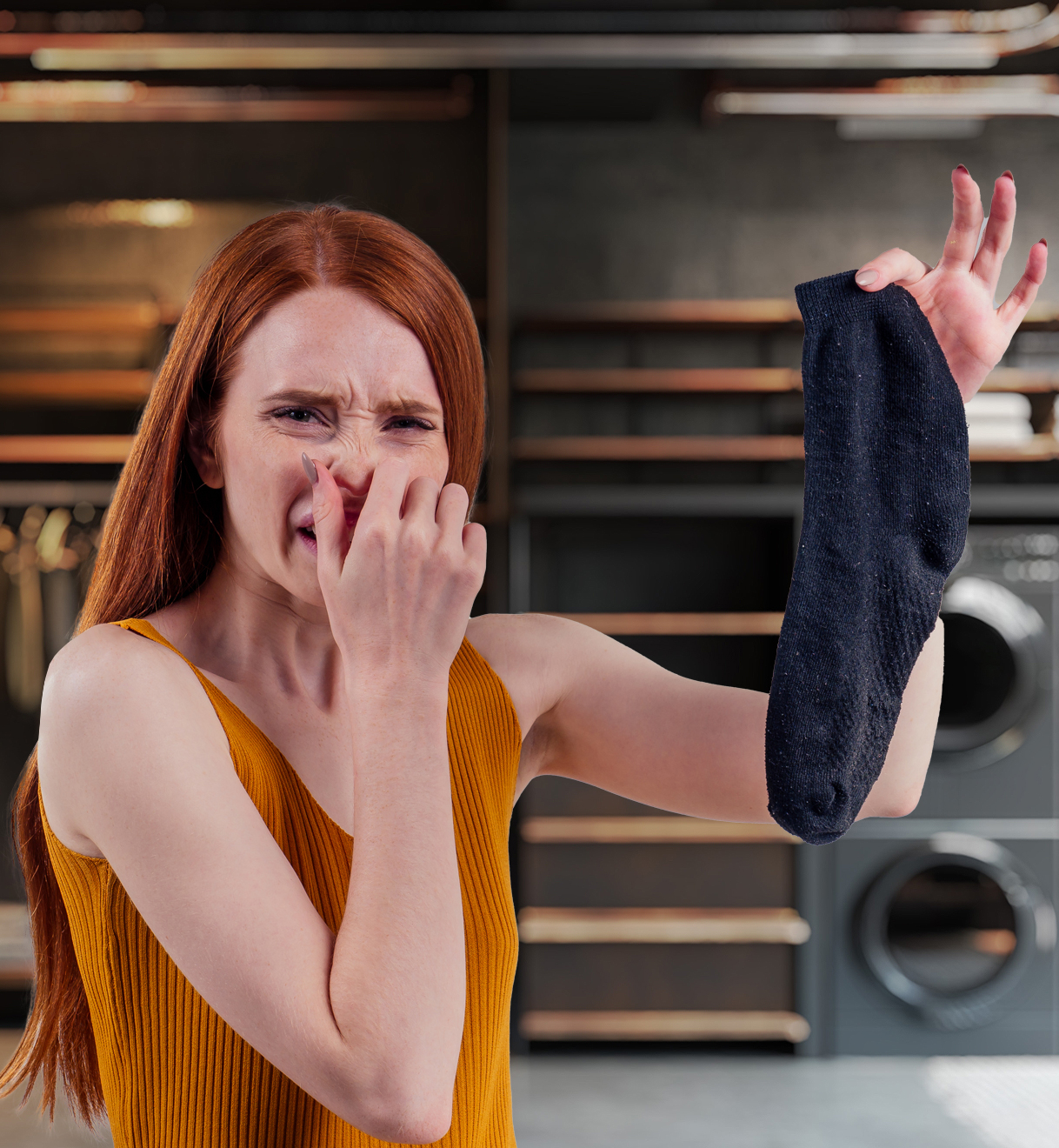 Vrouw ruikt aan zwarte kleding die muf ruikt na het wassen