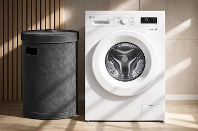 LG wasmachine 8 kg vulgewicht met ThinQ connectiviteit naast een wasmand
