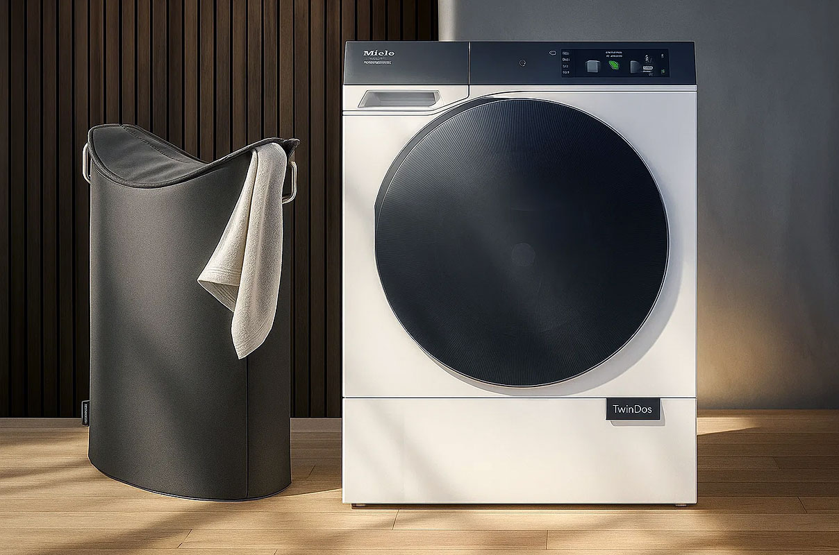 Miele wasmachine 9kg vulgewicht naast wasmand, ideaal voor gezinnen en grote wasbeurten