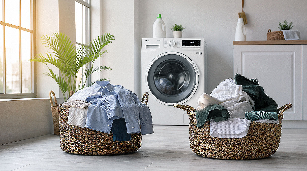 Wasmand met overhemden naast wasmand met handdoeken voor een wasmachine met stoomfunctie