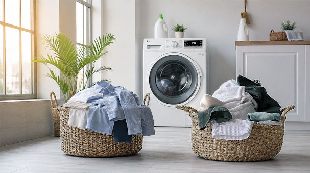 Wasmand met overhemden naast wasmand met handdoeken voor een wasmachine met stoomfunctie