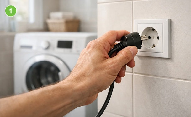 Stekker van wasmachine wordt uit het stopcontact gehaald als eerste stap bij ontkoppelen