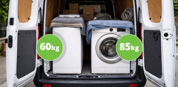 Twee wasmachines in verhuisbus met verhuisdekens: compacte bovenlader van 60 kg en grotere voorlader van 85 kg