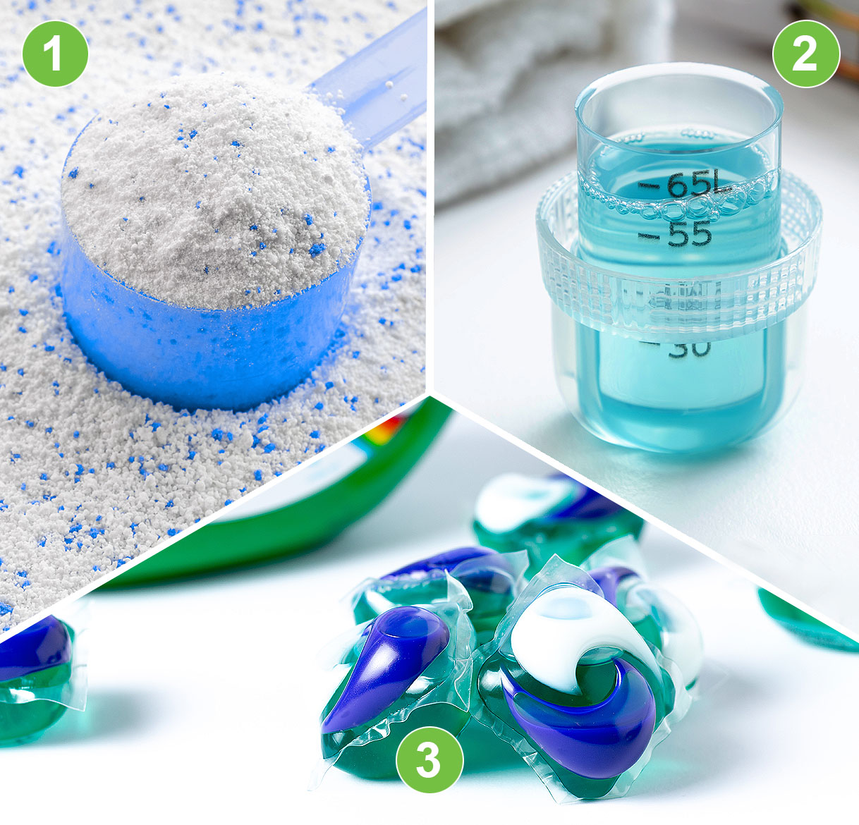 Drie soorten wasmiddel voor witte was: 1. waspoeder in maatschepje, 2. vloeibaar wasmiddel in doseerbeker, 3. wascapsules