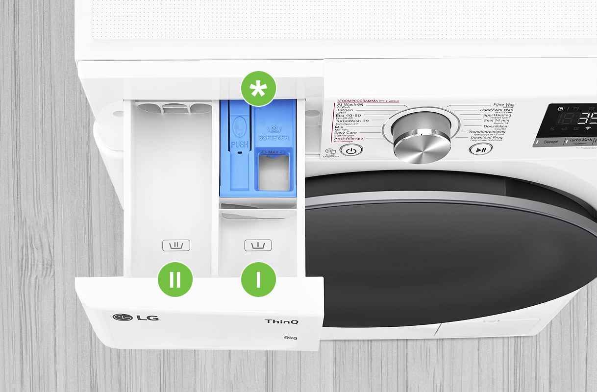 Wasmiddellade van een wasmachine met drie vakjes voor voorwas hoofdwas en wasverzachter