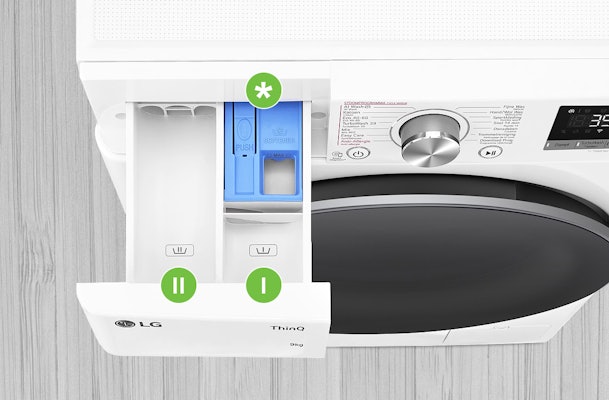 Wasmiddellade van een wasmachine met drie vakjes voor voorwas hoofdwas en wasverzachter