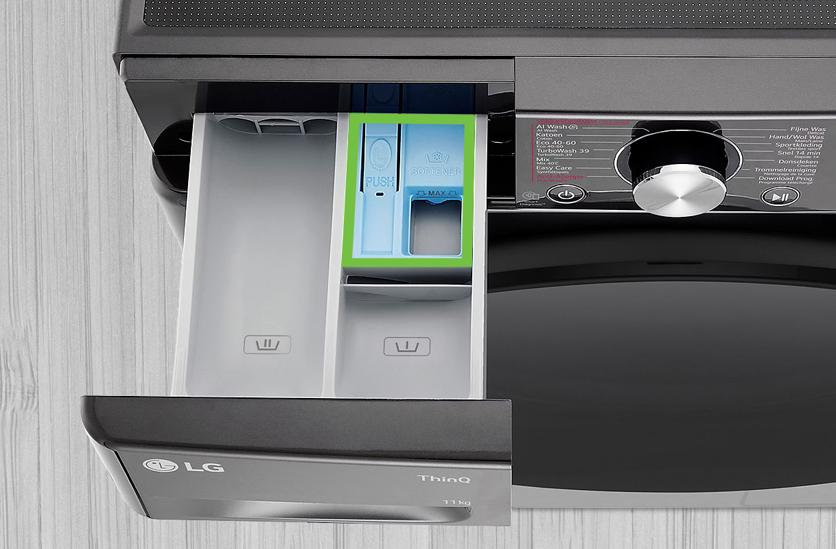 Voorwasvak van wasmachine met Romeins cijfer I voor wasmiddel bij voorwas