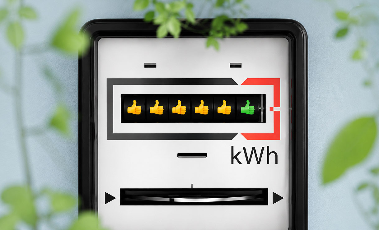 Energiemeter die het lage kWh verbruik van een zuinige wasmachine toont met duimpjes omhoog