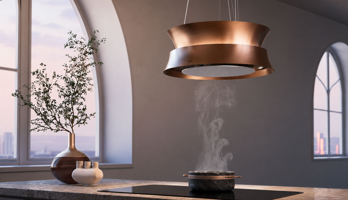 Koperen design afzuigkap als blikvanger boven een kookeiland in moderne keuken