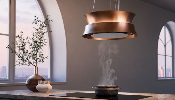 Koperen design afzuigkap als blikvanger boven een kookeiland in moderne keuken