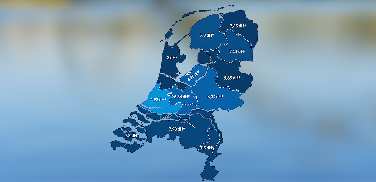 Kaart van Nederland met gemiddelde waterhardheid in graden dH per regio