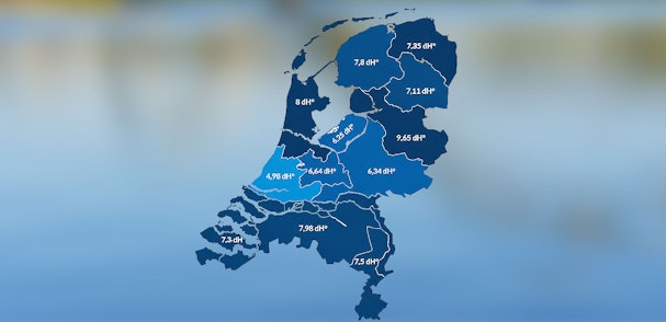 Kaart van Nederland met gemiddelde waterhardheid in graden dH per regio