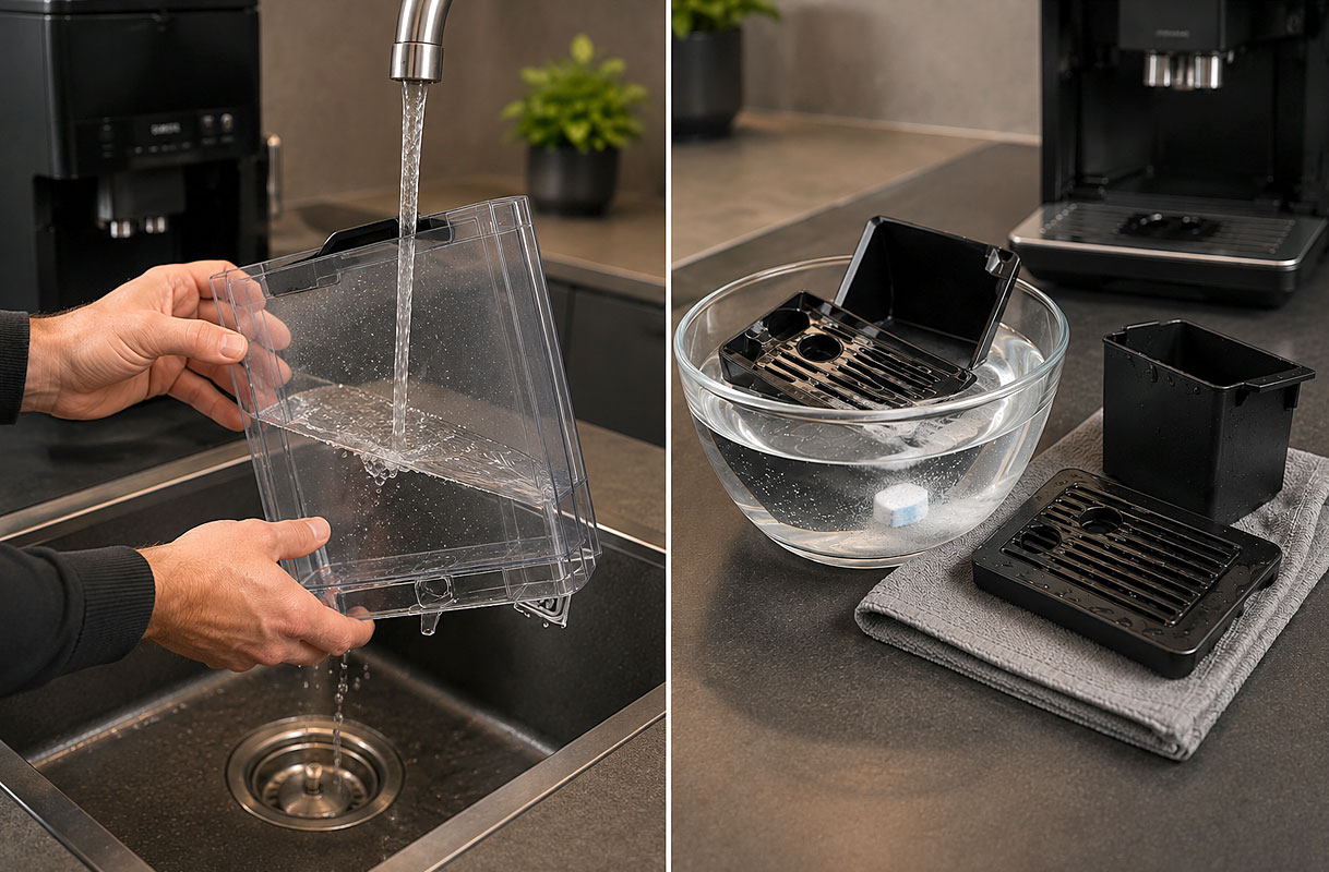 Waterreservoir afspoelen en lekbak en residubak van een koffiemachine laten weken met een reinigingstablet.