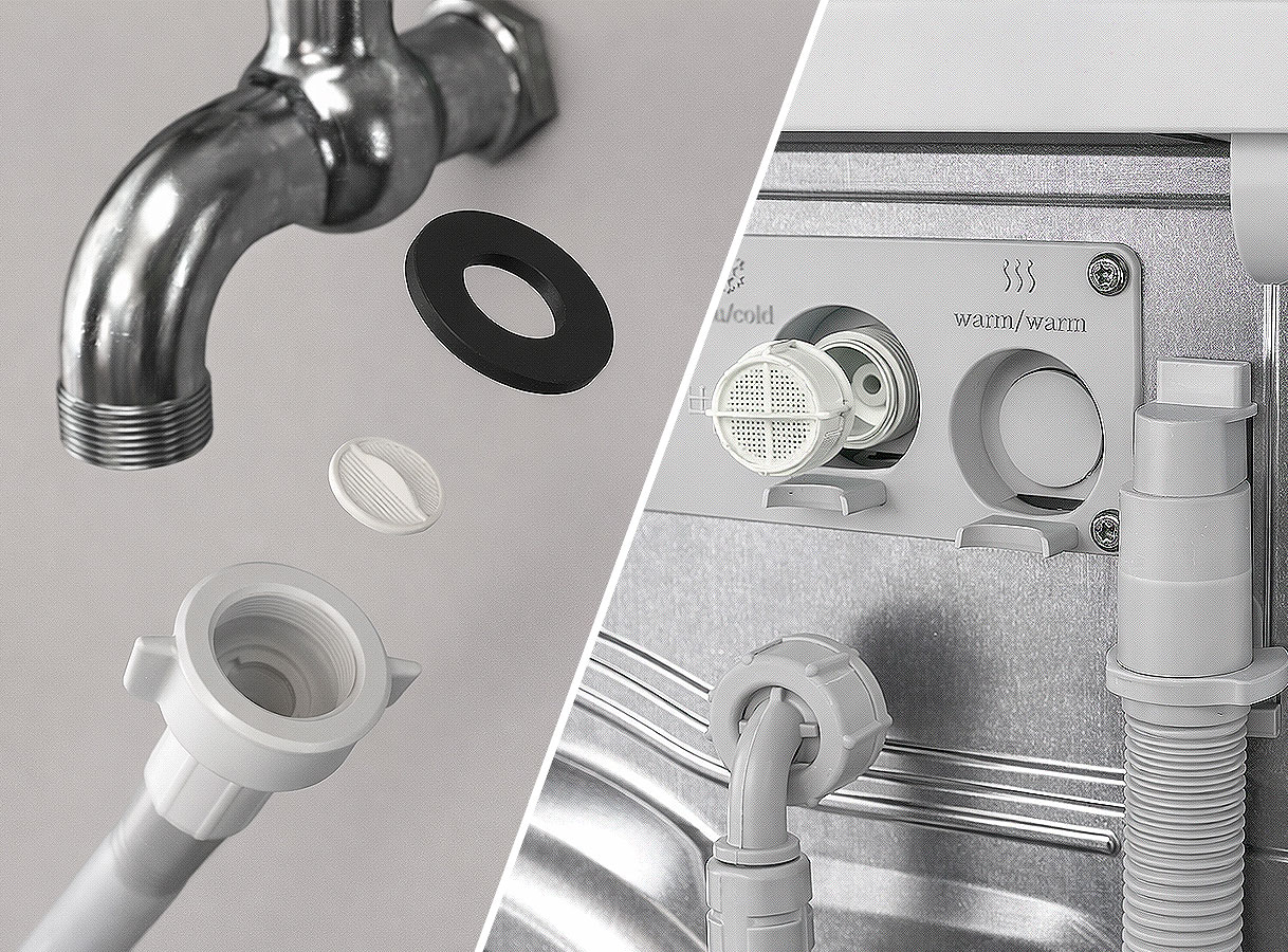 Watertoevoerzeefjes en aansluiting van een wasmachine bij de waterkraan