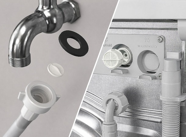 Watertoevoerzeefjes en aansluiting van een wasmachine bij de waterkraan