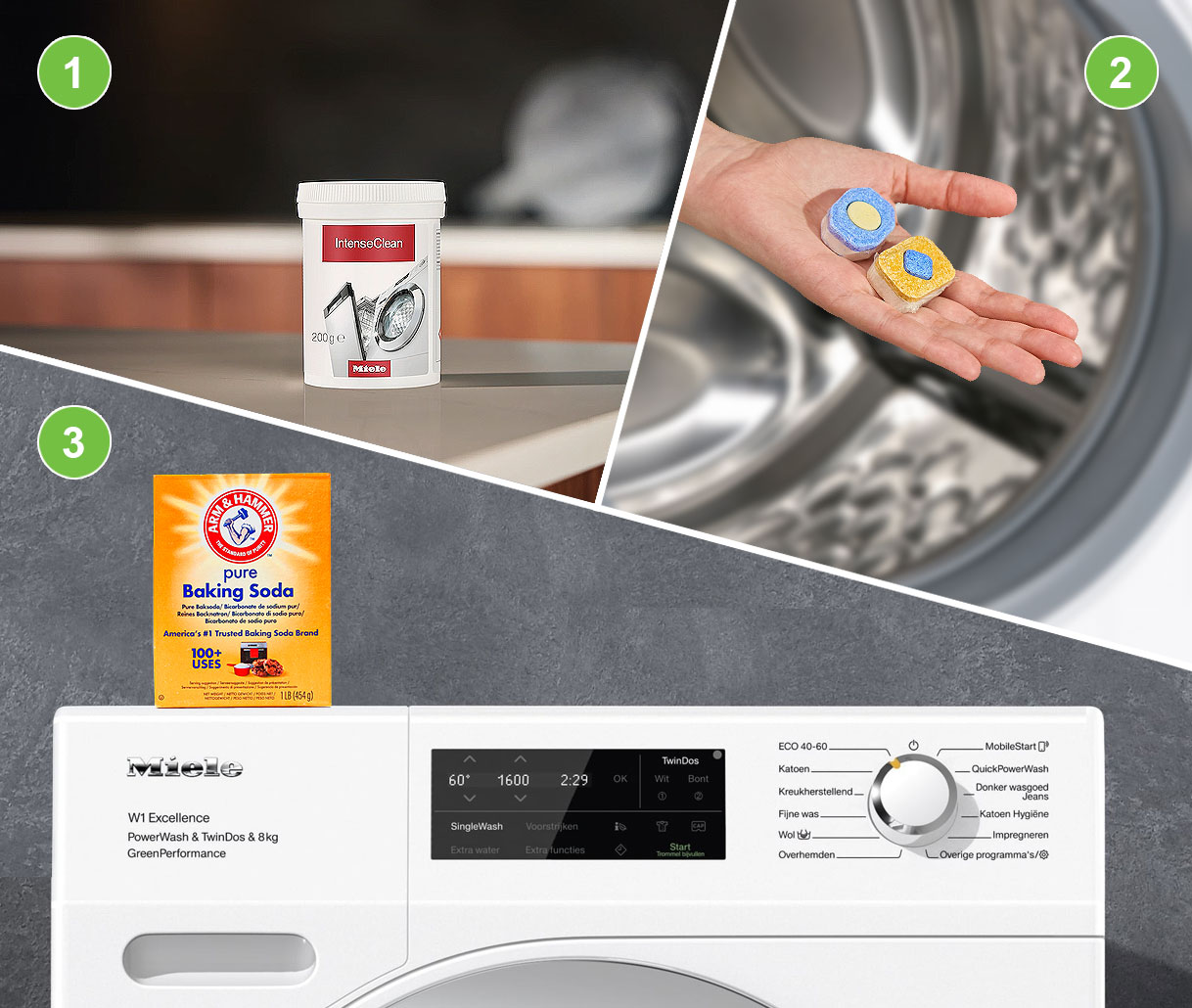 Overzicht van verschillende reinigingsmiddelen voor het reinigen van een Miele wasmachine