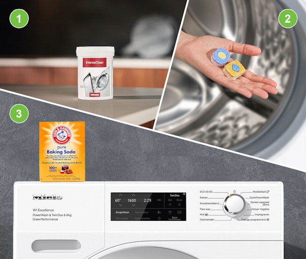 Overzicht van verschillende reinigingsmiddelen voor het reinigen van een Miele wasmachine