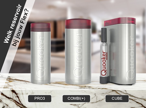 Quooker reservoirs naast elkaar: de compacte PRO3, de grotere COMBI(+) en de rechthoekige CUBE met CO2-cilinder