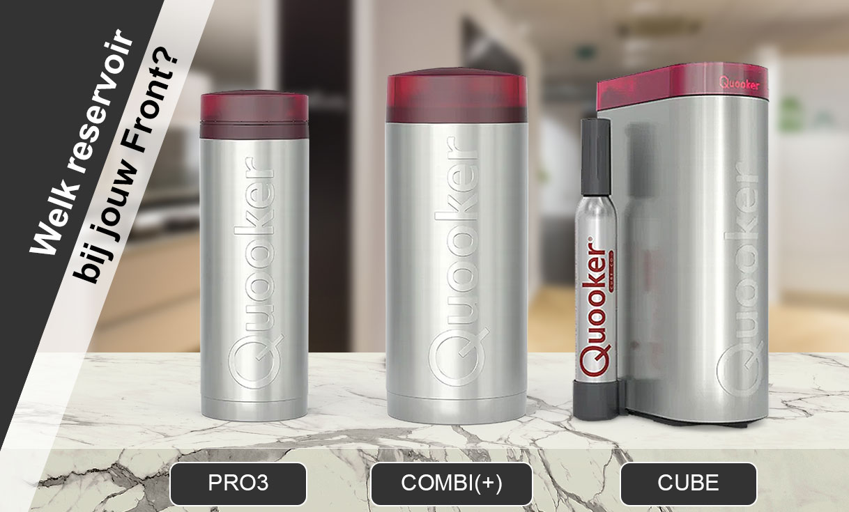 Quooker reservoirs voor de Front: PRO3 (compact, 3L kokend), COMBI(+) (kokend én warm water) en CUBE met CO2-cilinder voor gekoeld en bruisend water.