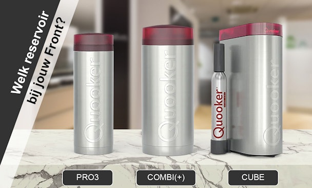 Quooker reservoirs voor de Front: PRO3 (compact, 3L kokend), COMBI(+) (kokend én warm water) en CUBE met CO2-cilinder voor gekoeld en bruisend water.