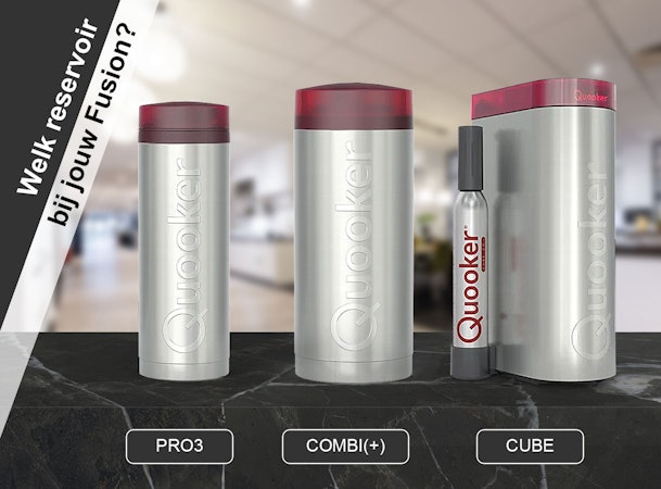 Drie Quooker reservoirs naast elkaar: de compacte PRO3, de grotere COMBI(+) met CO2-cilinder, en de rechthoekige CUBE voor gekoeld en bruisend water.